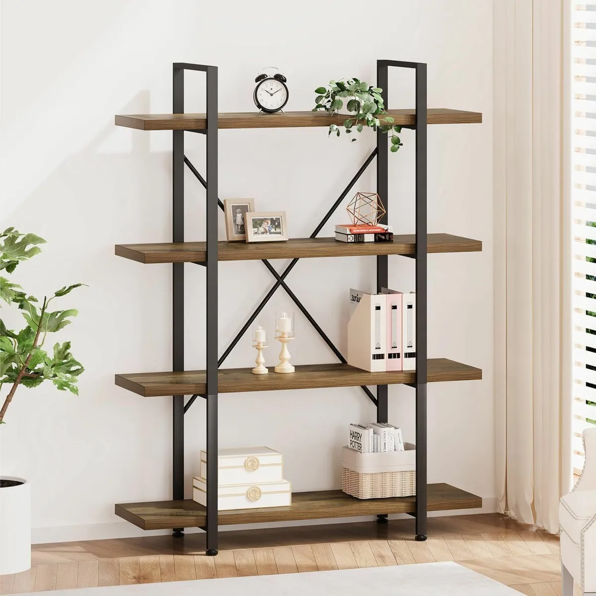 Industrial 4 Tier BookShelf Modern Metal and Wood - Image 1