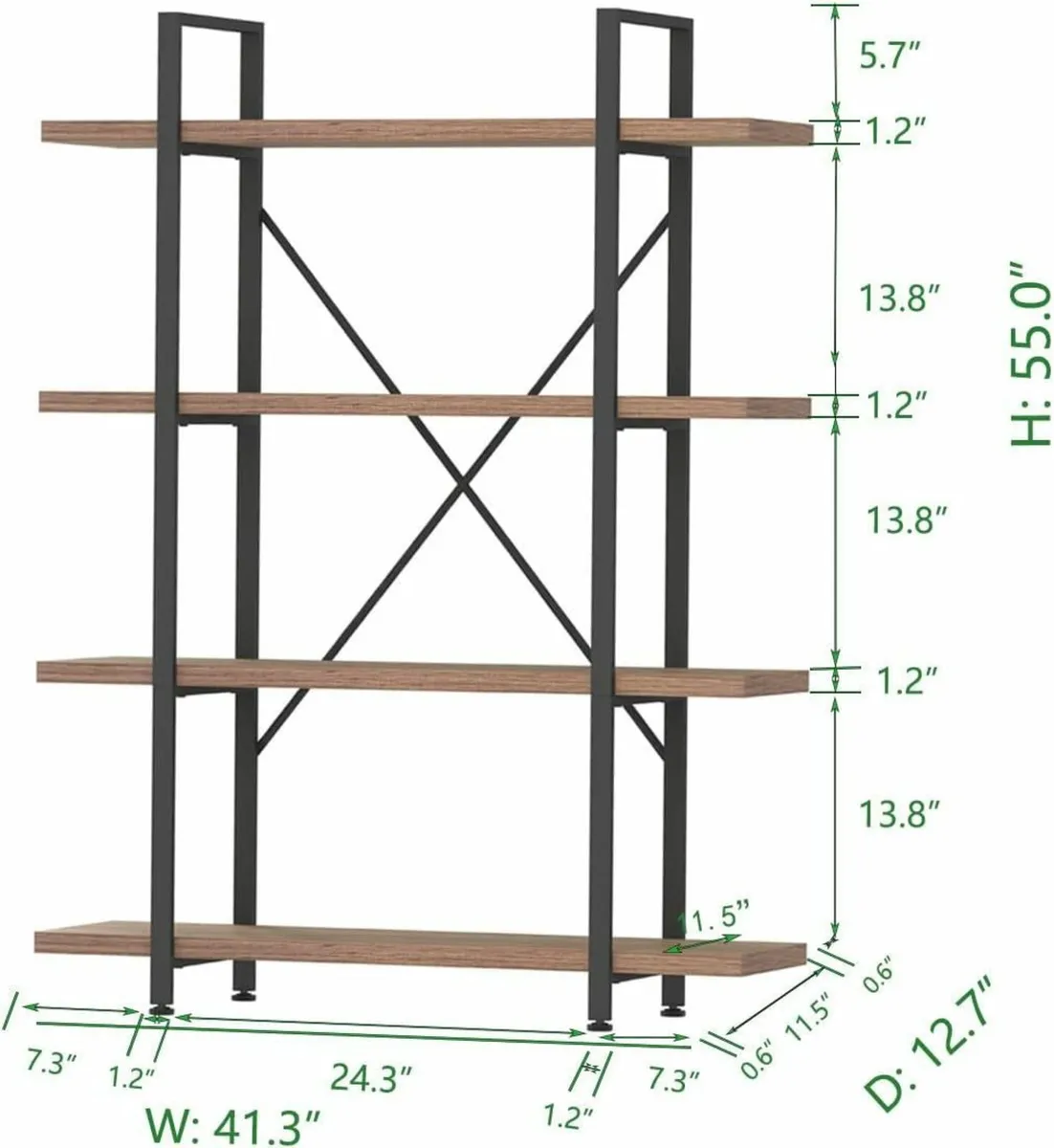 Industrial 4 Tier BookShelf Modern Metal and Wood - Image 2