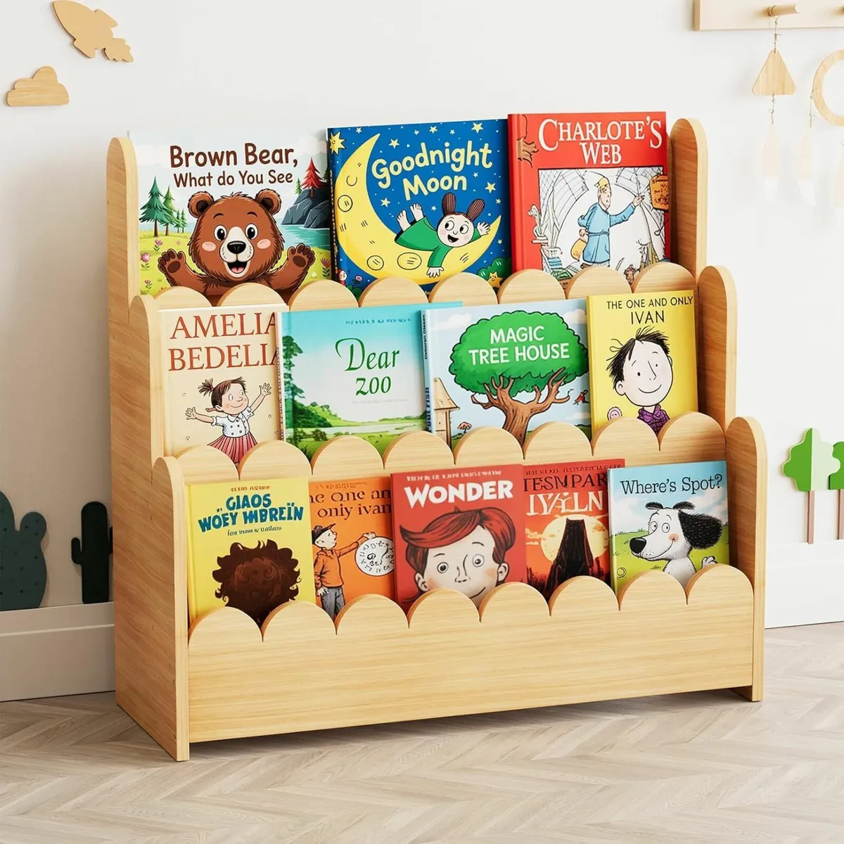3-Tier Scalloped Bookshelf Montessori Bookcase - Image 1