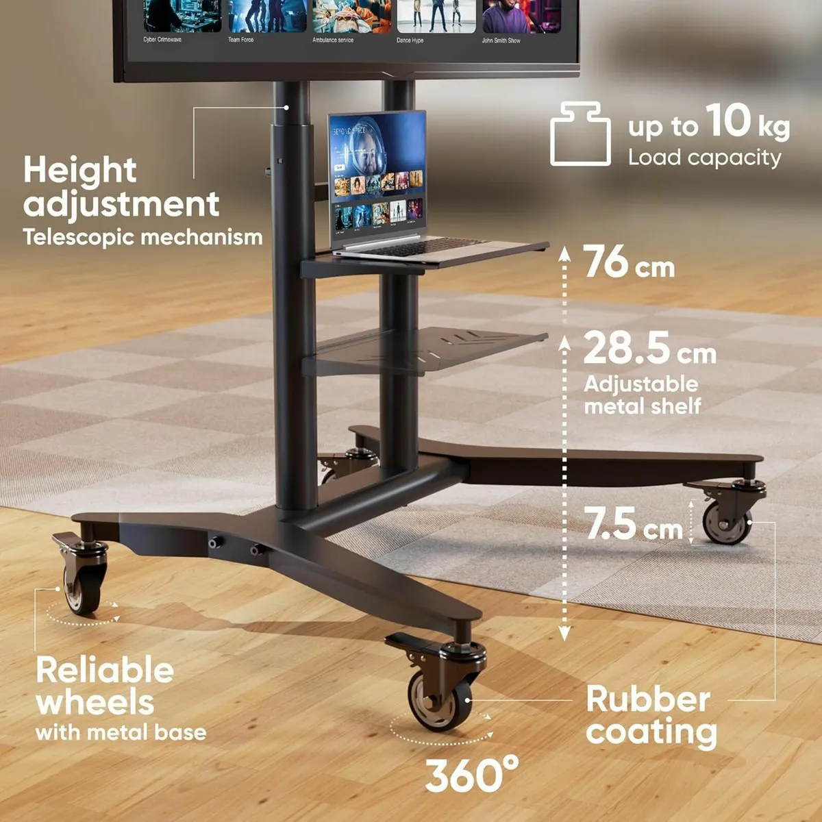 Mobile TV Stand on Wheels for 55-90 Screen - Image 4