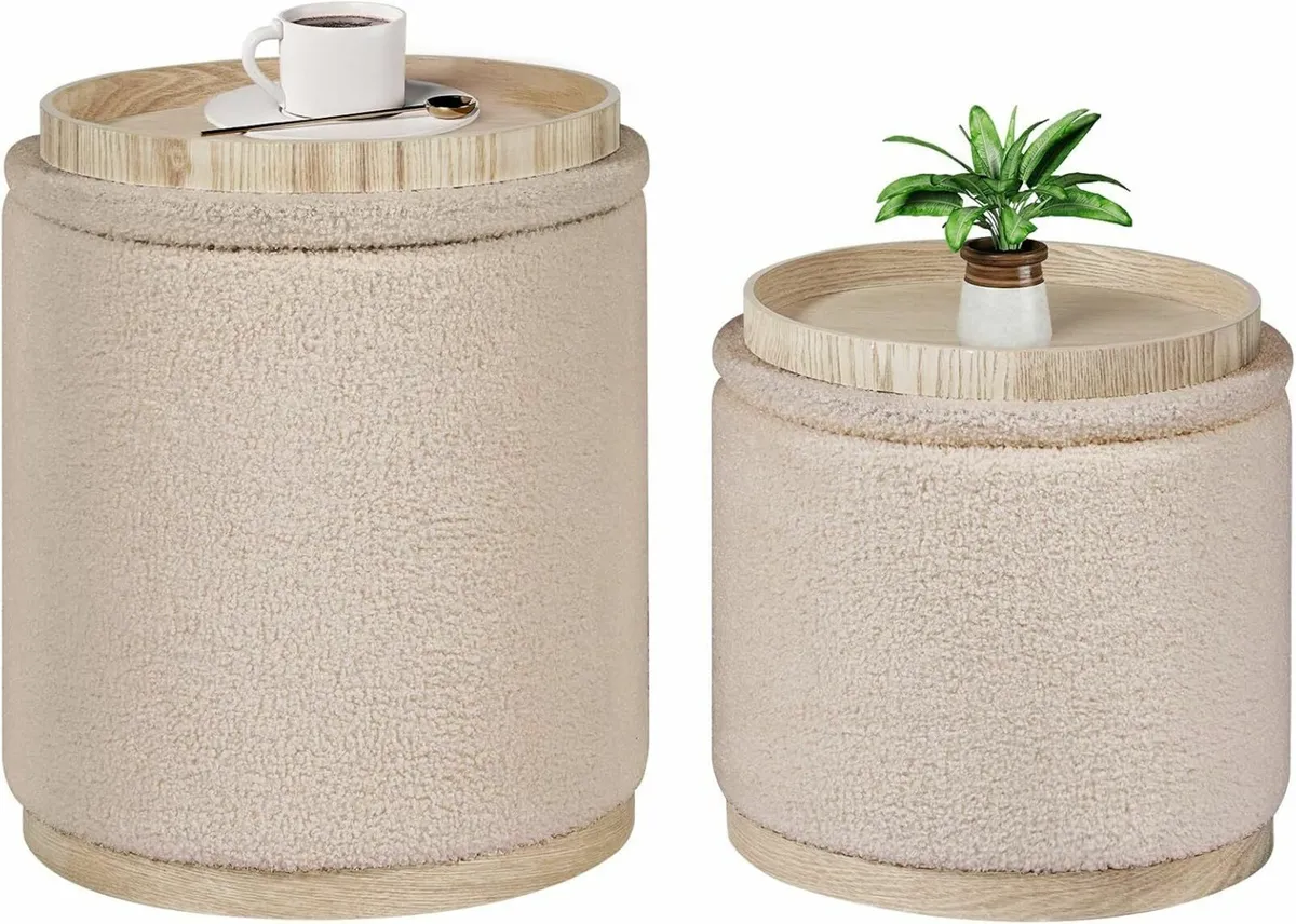 Round Beige Ottoman with Storage Set of 2 Makeup - Image 1