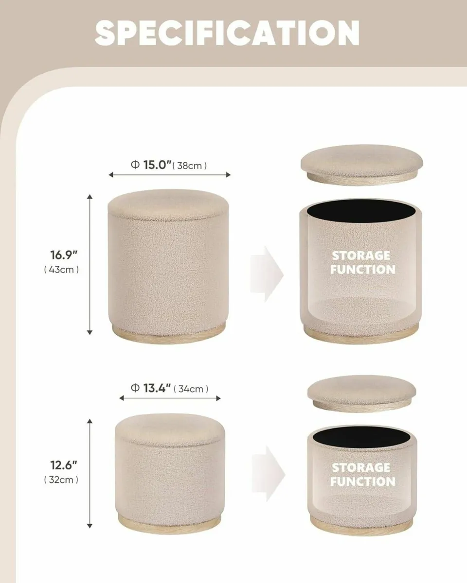 Round Beige Ottoman with Storage Set of 2 Makeup - Image 3