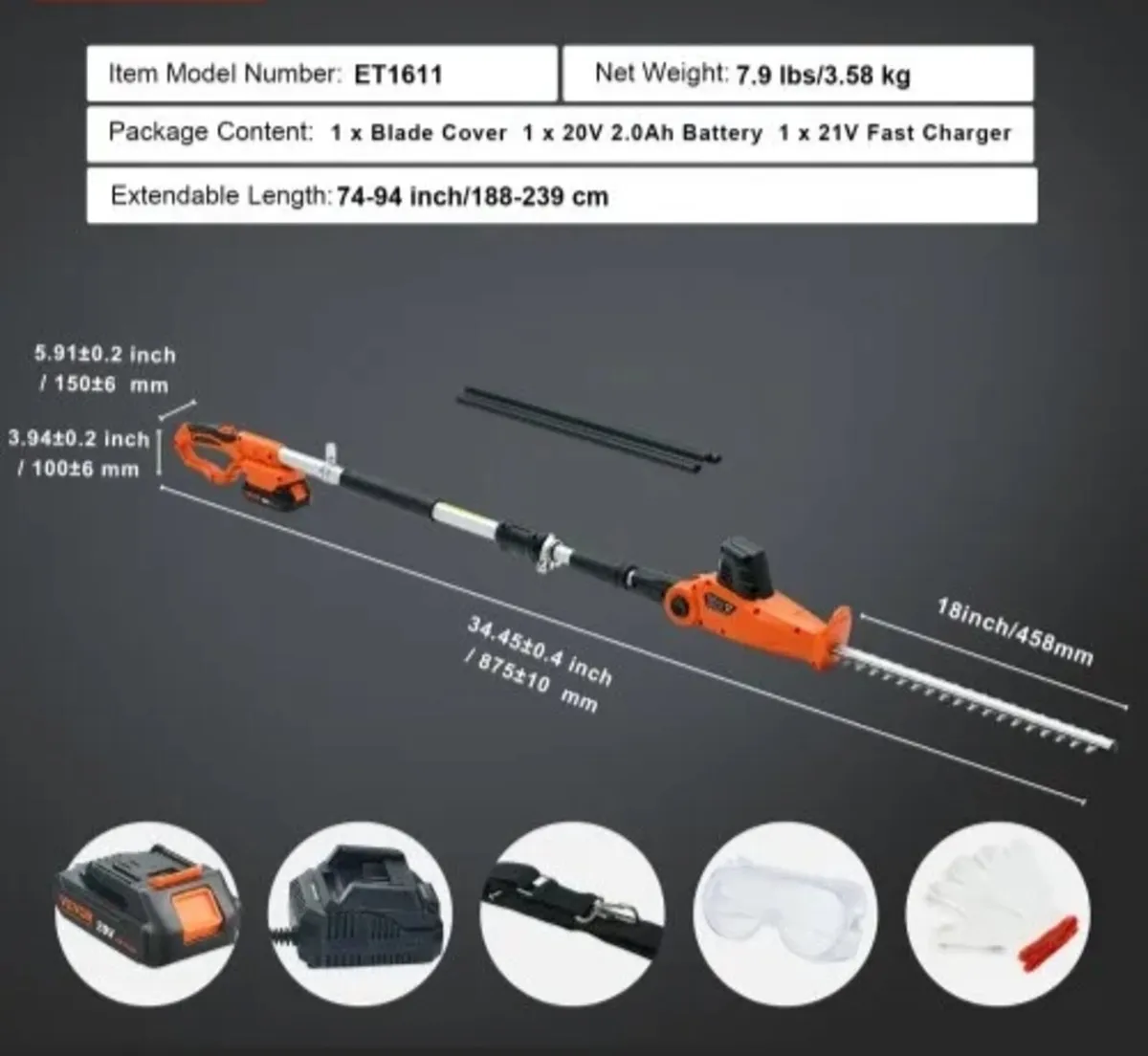 20V Cordless Hedge Trimmer Telescoping Pole Hedge - Image 3