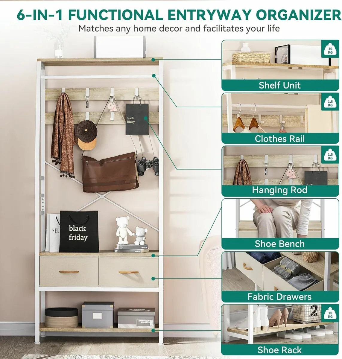 Coat Rack Stand with Shoe Storage Floorstanding - Image 4