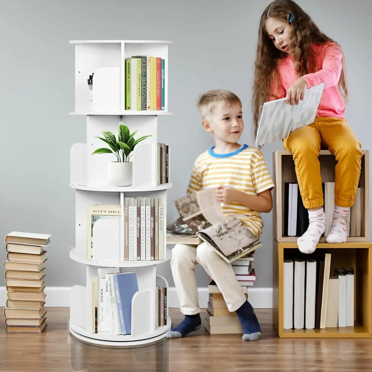 4 Tier Rotating Bookshelf White Spinning Kids - Image 3