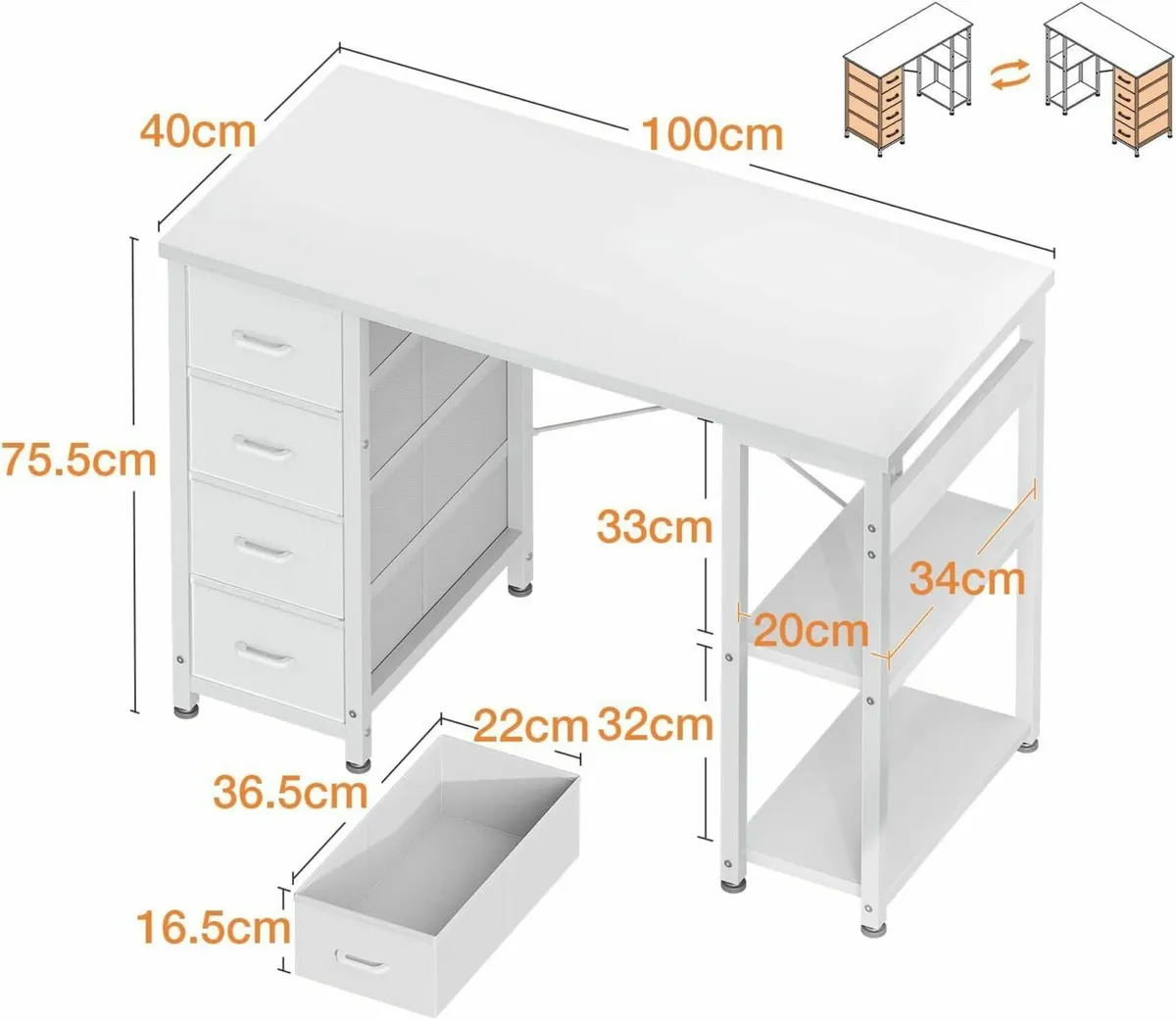 Small Computer Desk with Drawers 100x40cm Office - Image 3
