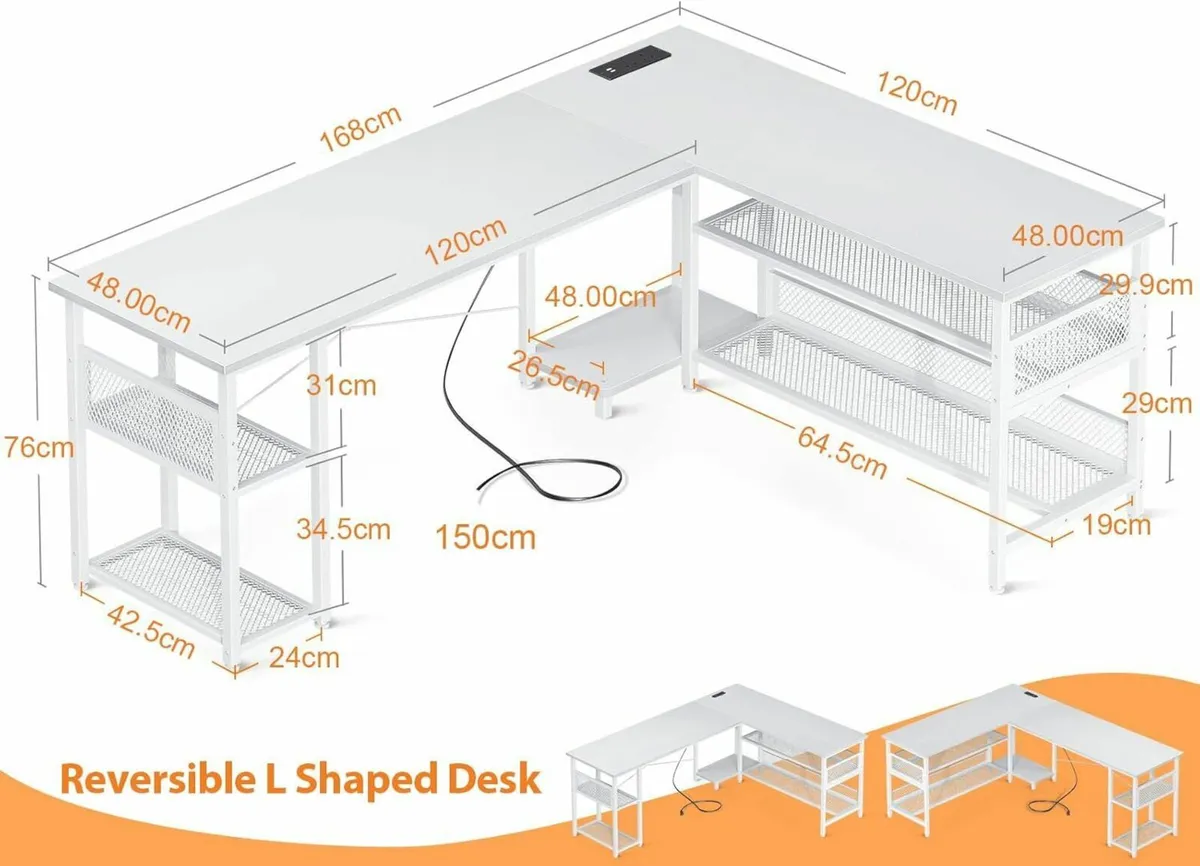 L Shaped Gaming Desk 168 x 120 cm Reversible - Image 3
