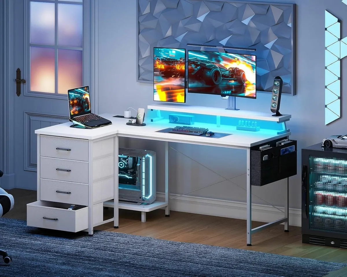 L Shaped Gaming Desk with LED Lights Power - Image 2