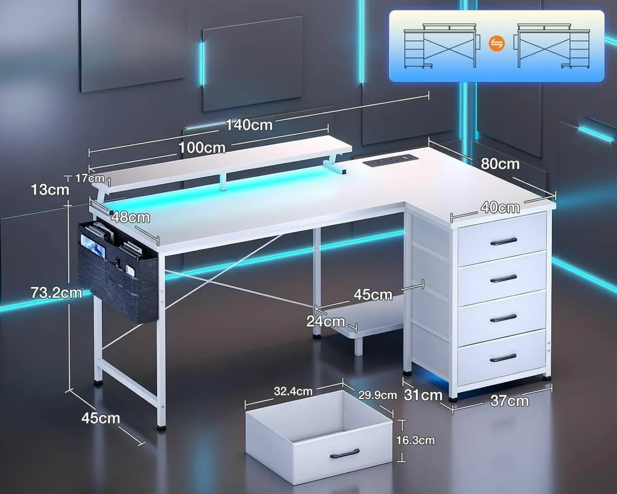 L Shaped Gaming Desk with LED Lights Power - Image 3