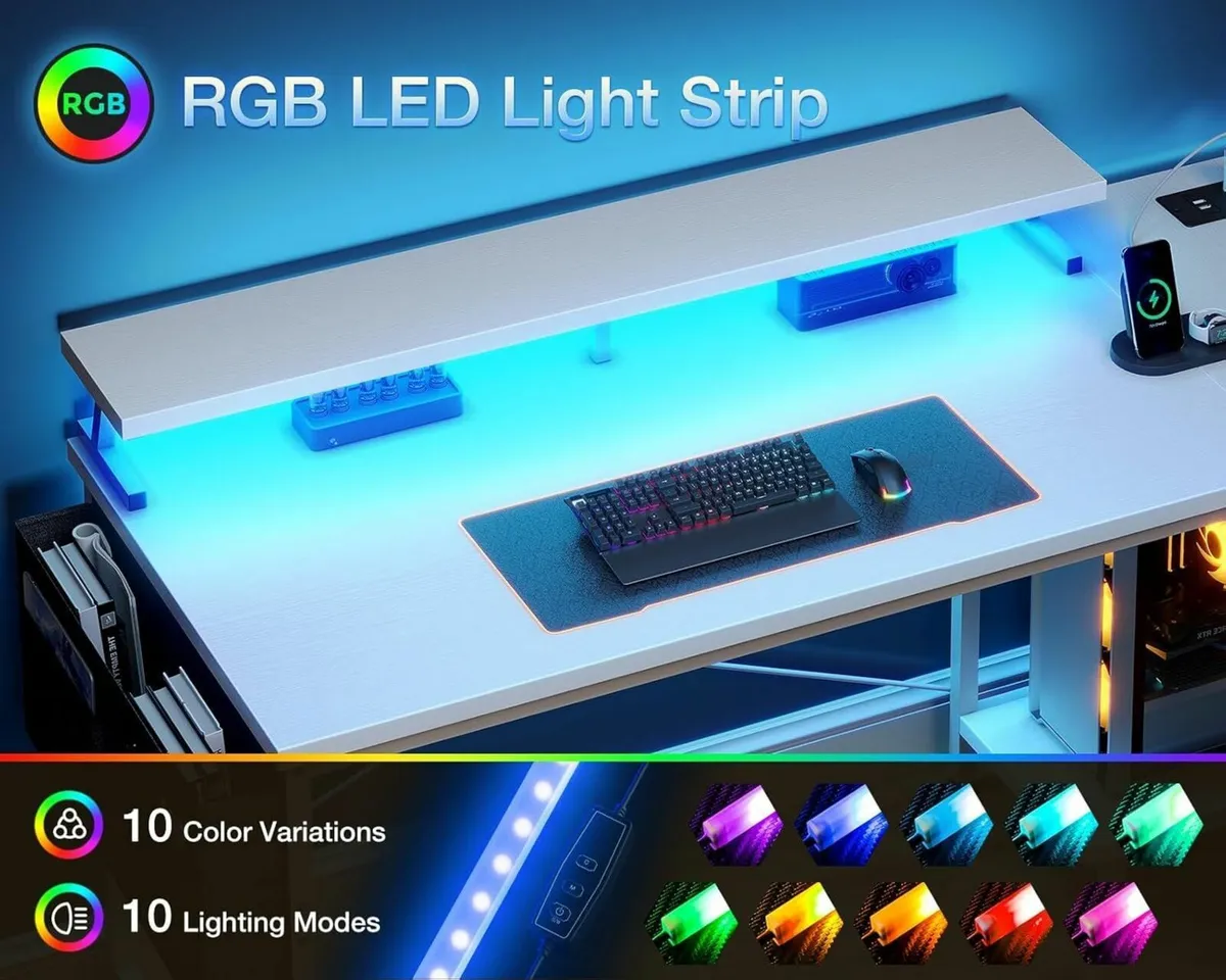 L Shaped Gaming Desk with LED Lights Power - Image 4