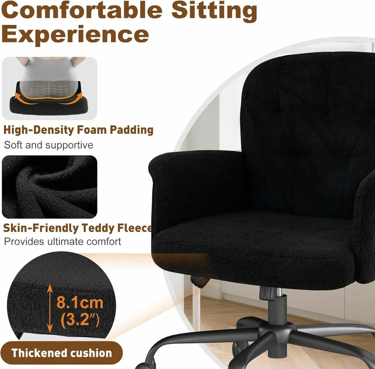 Home Office Desk Chair Comfy Upholstered Fuzzy - Image 3