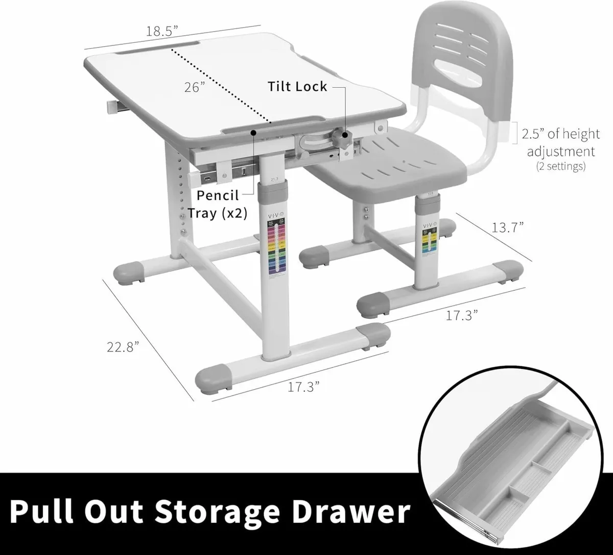 Height Adjustable Children's Desk and Chair Grey - Image 3