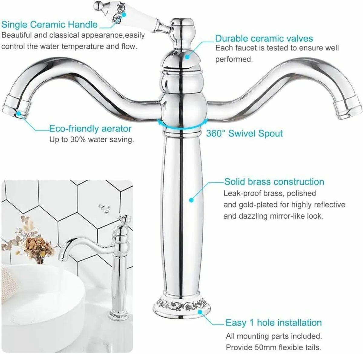Victorian Bathroom Basin Mixer Tap Mono High Rise - Image 4