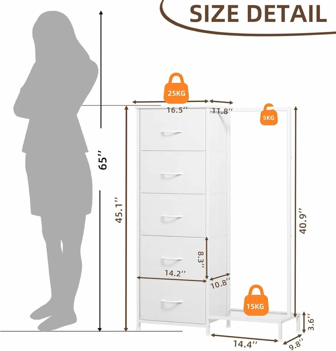 Chest of Drawers Bedroom with Clothes Rail and 5 - Image 3