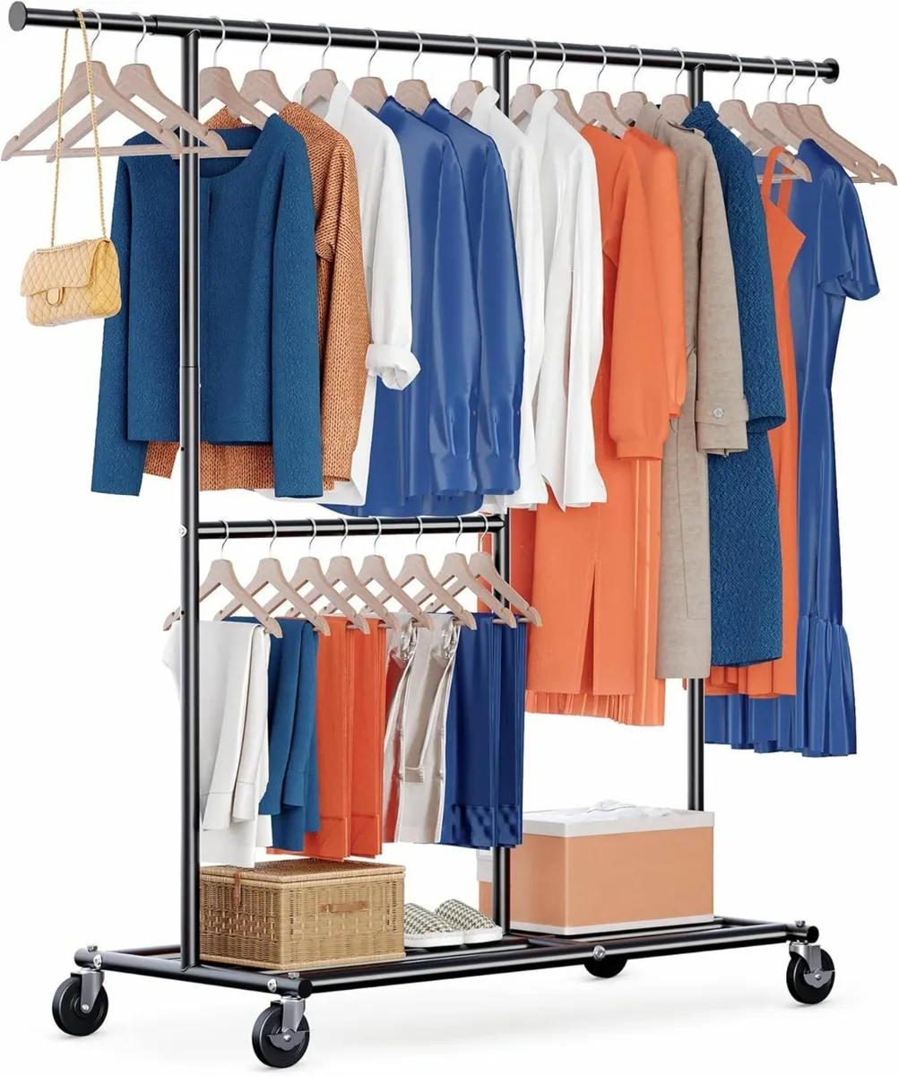Heavy Duty Doulbe Clothes Rail with Wheels - - Image 1