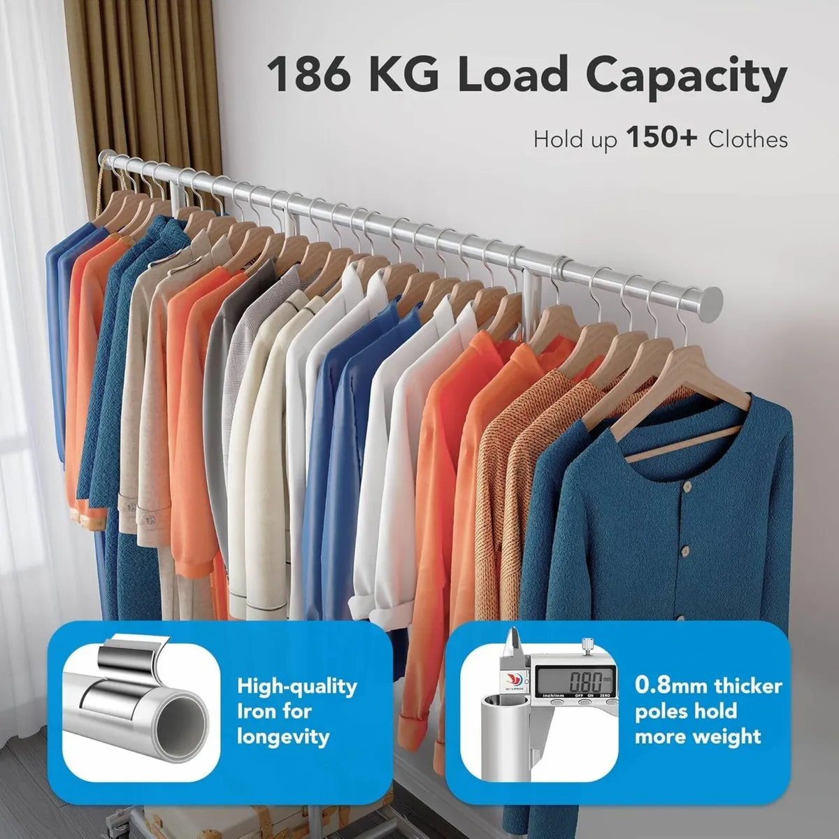 Heavy Duty Doulbe Clothes Rail with Wheels - - Image 3