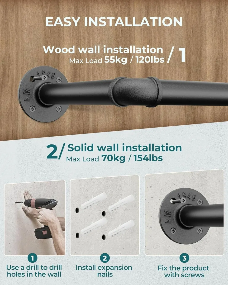 Industrial Pipe Clothes Rail Set of 2 167cm Wall - Image 3