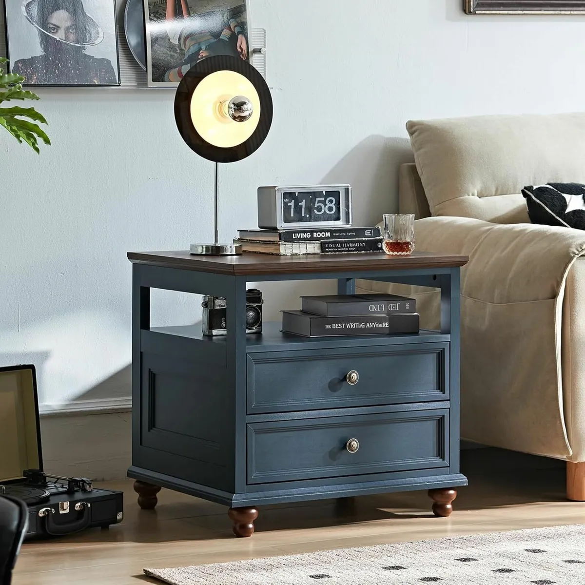 Blue Farmhouse Nightstand 24 Wide End Table With - Image 1