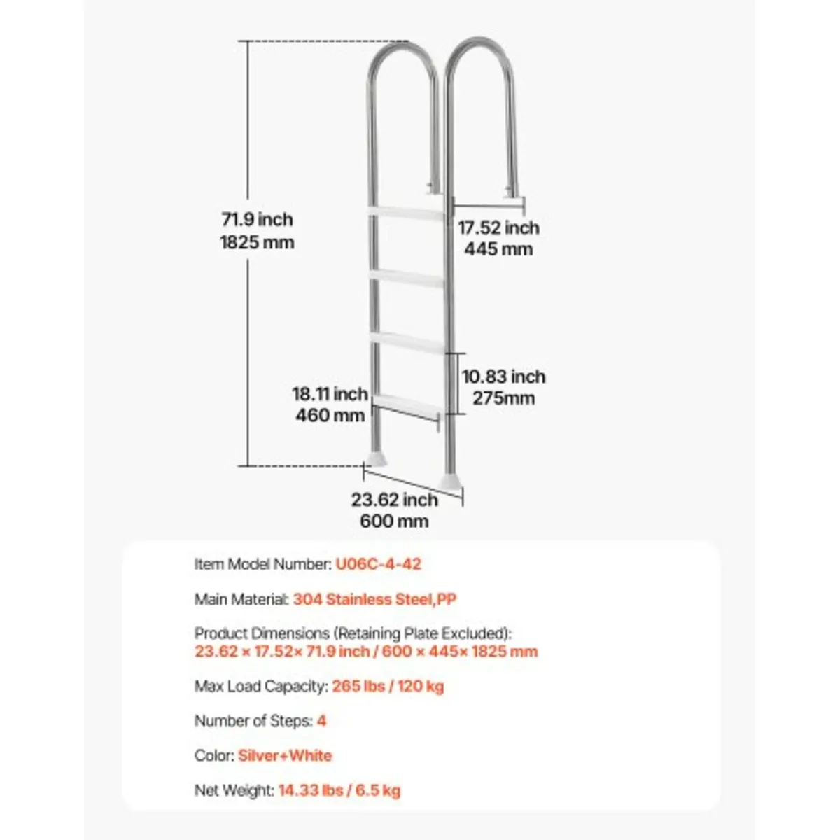 Swimming Pool Ladder, 4-Step Double Handrails Stai - Image 3
