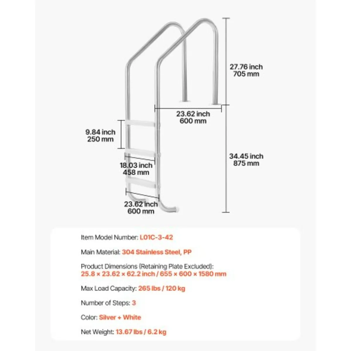 Swimming Pool Ladder, 3-Step Double Handrails Stai - Image 3