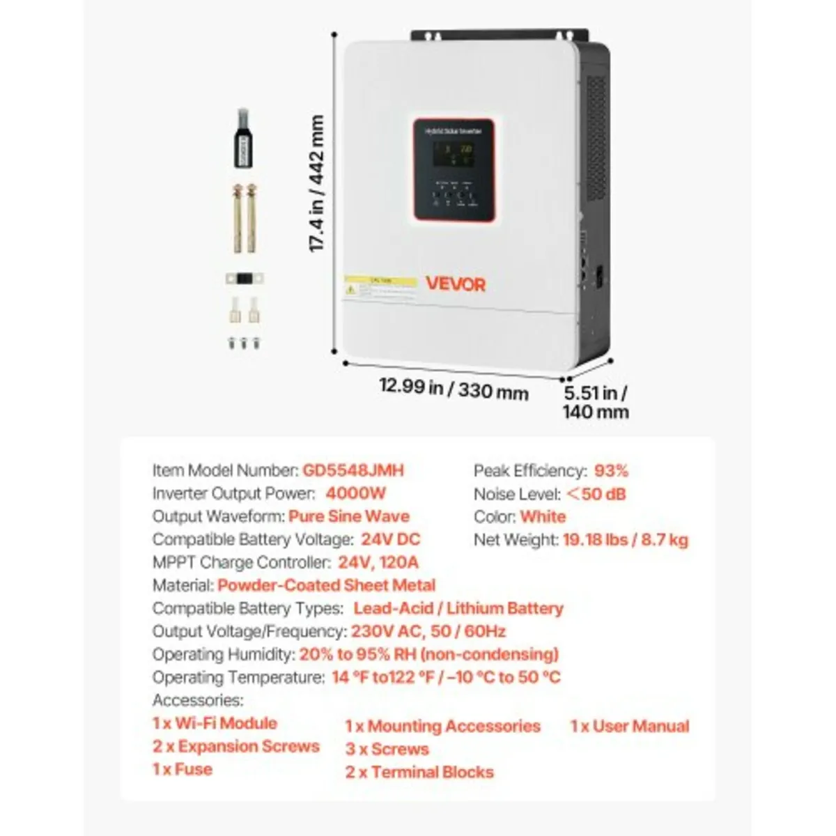 4000W Hybrid Solar Inverter, 24V DC to 230V AC, Pu - Image 3