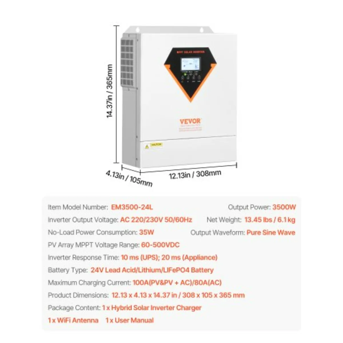 Hybrid Solar Inverter, 3500W, All in One Pure Sine - Image 3