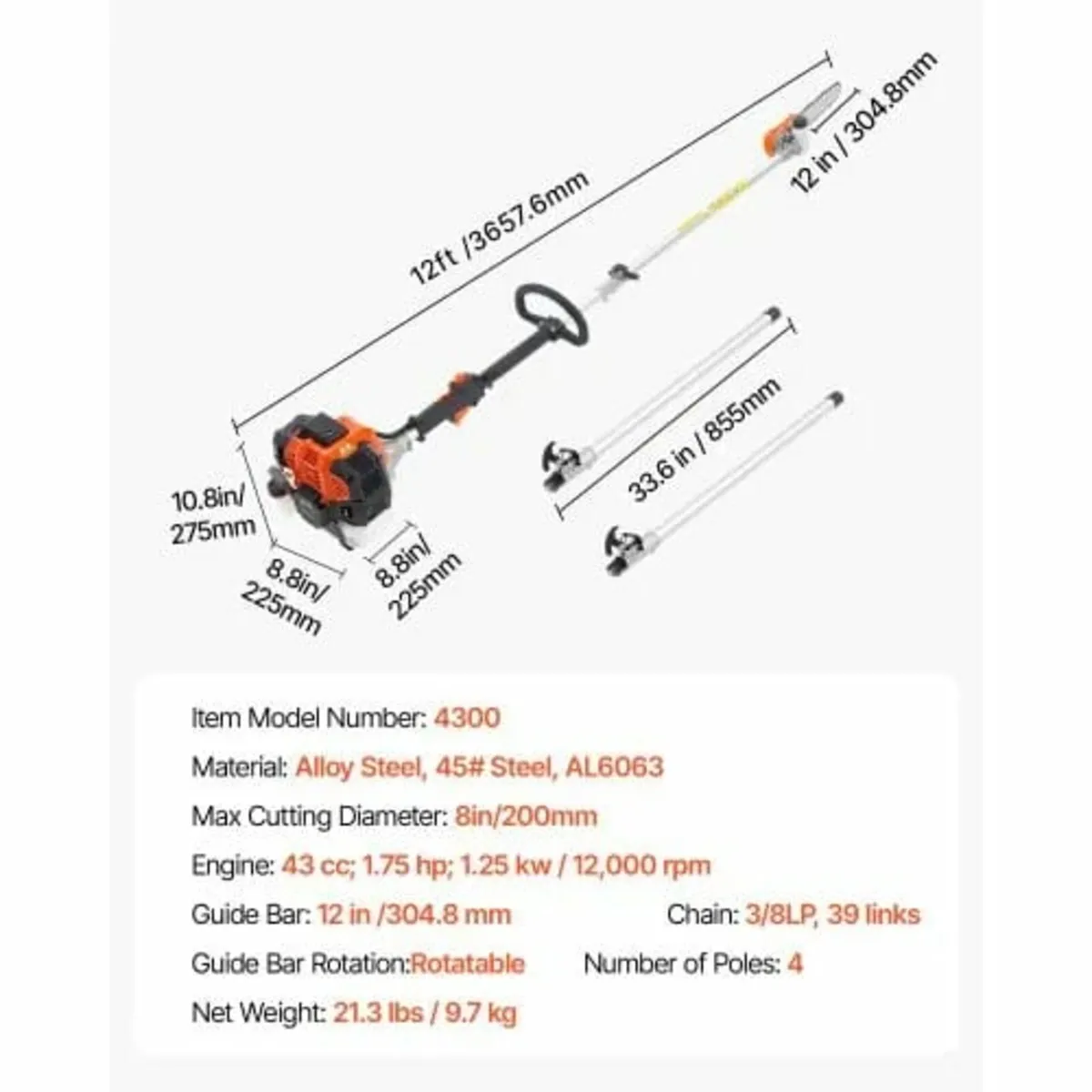 Gas Pole Saw, 43CC 2 Stroke Gas Powered Pole Saws - Image 3