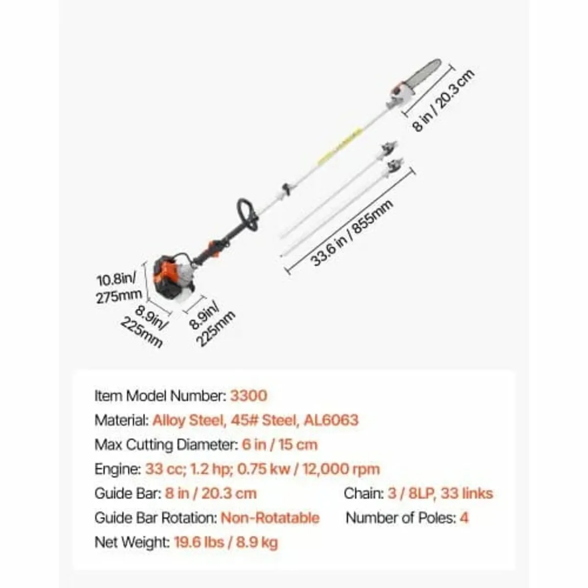 Gas Pole Saw, 33CC 2 Stroke Gas Powered Pole Saws - Image 3