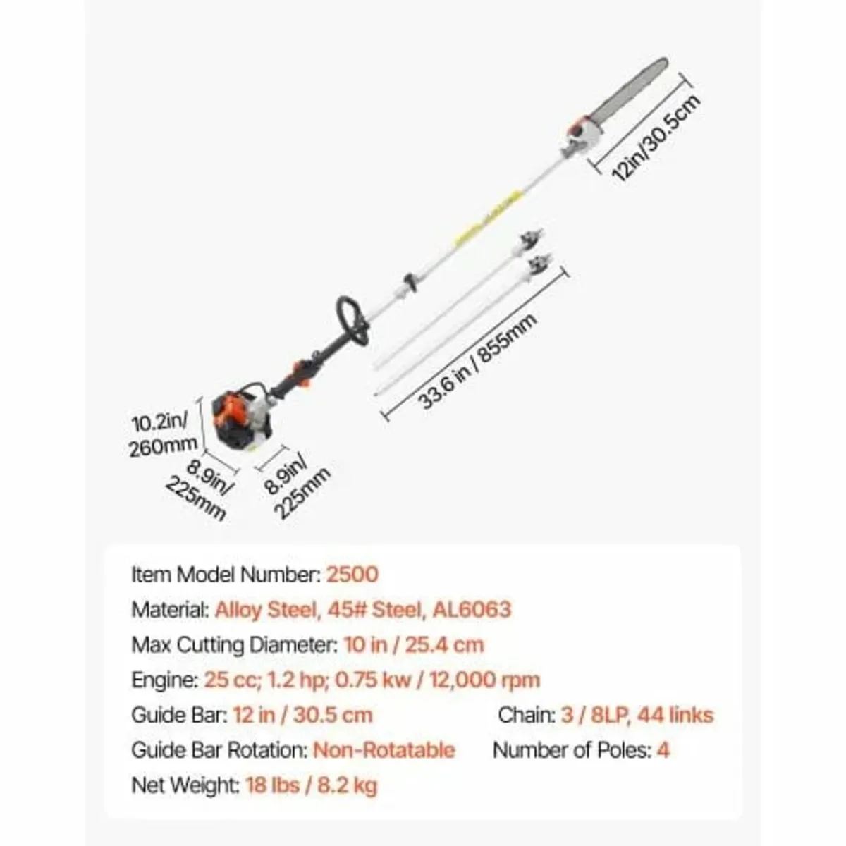 Gas Pole Saw, 25CC 2 Stroke Gas Powered Pole Saws - Image 3