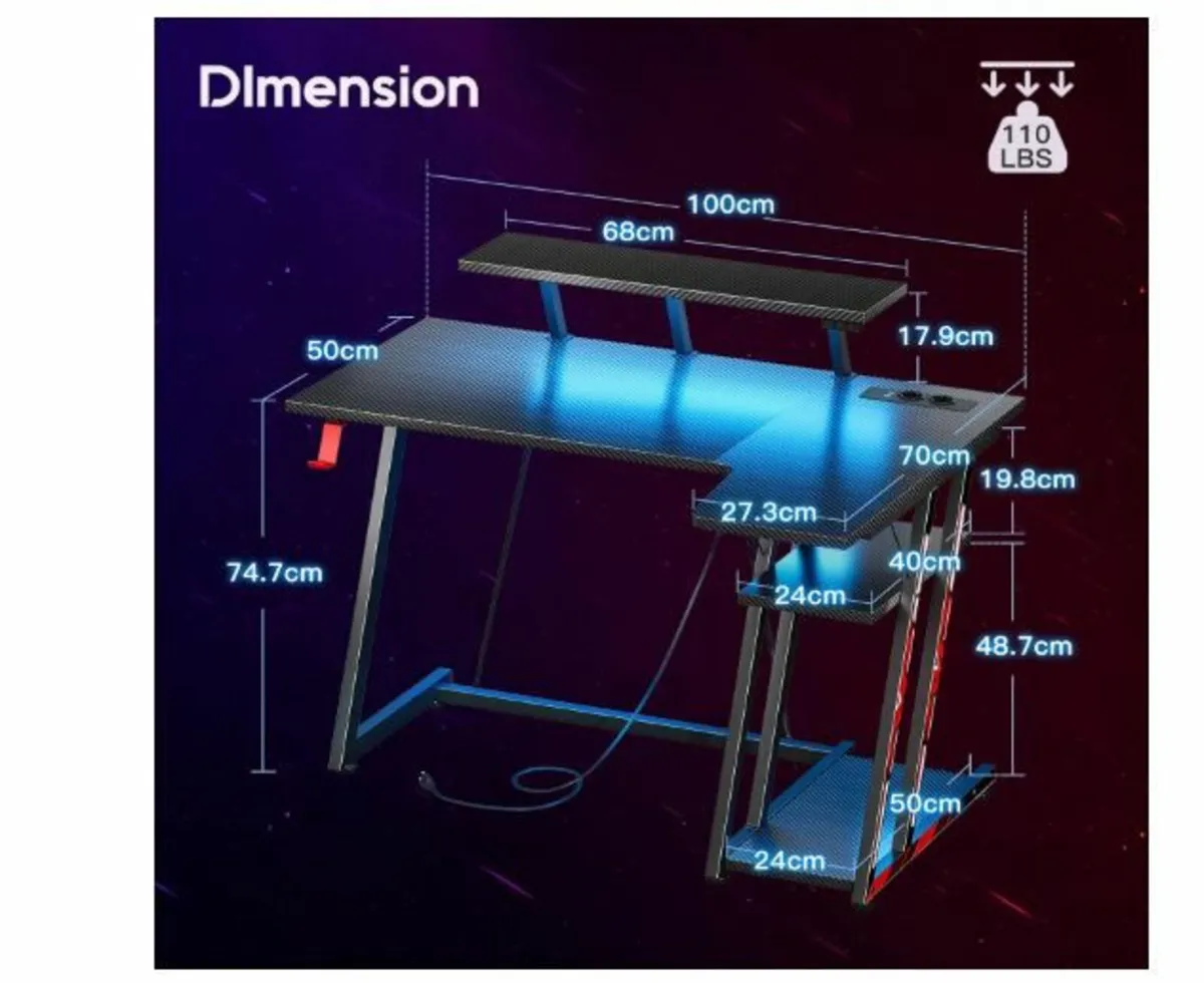 Gaming Table with LED Lighting and Sockets, 100 - Image 2