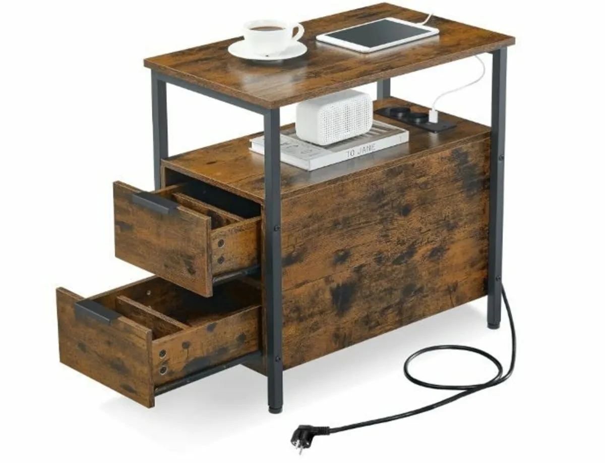 Side Table, Bedside Table with Power Strip - Image 1