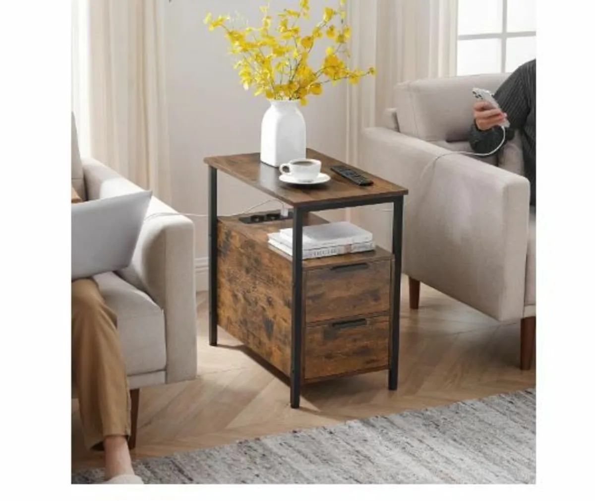 Side Table, Bedside Table with Power Strip - Image 2