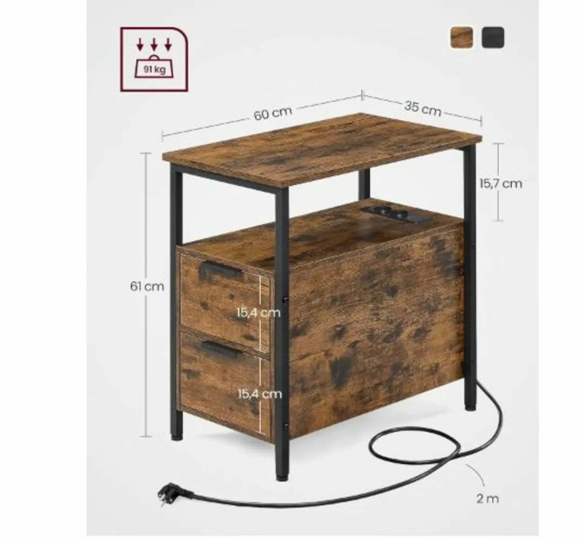 Side Table, Bedside Table with Power Strip - Image 3