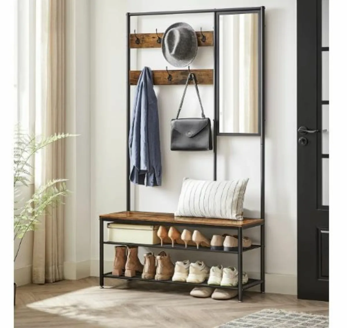 Coat Rack with Hooks Mirror Bench - Image 2