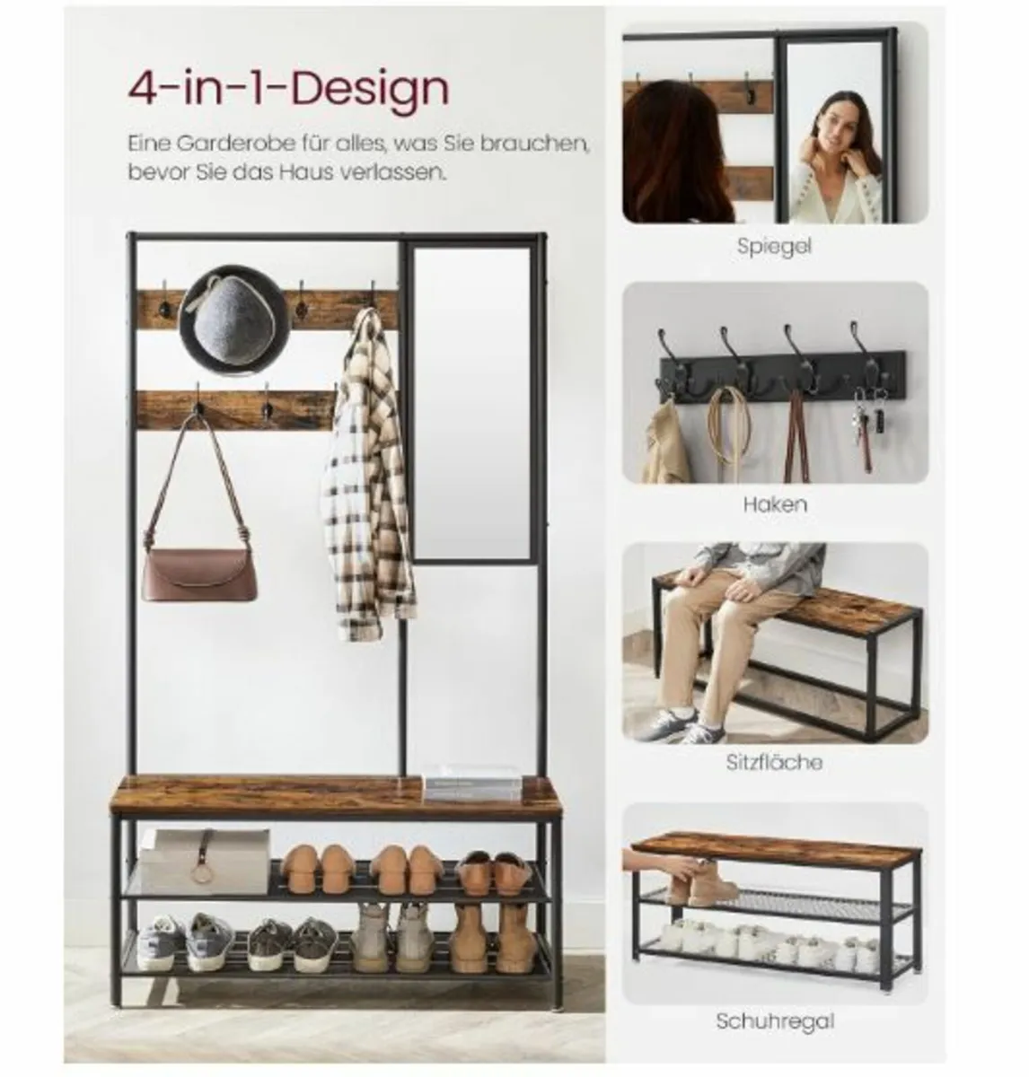 Coat Rack with Hooks Mirror Bench - Image 3