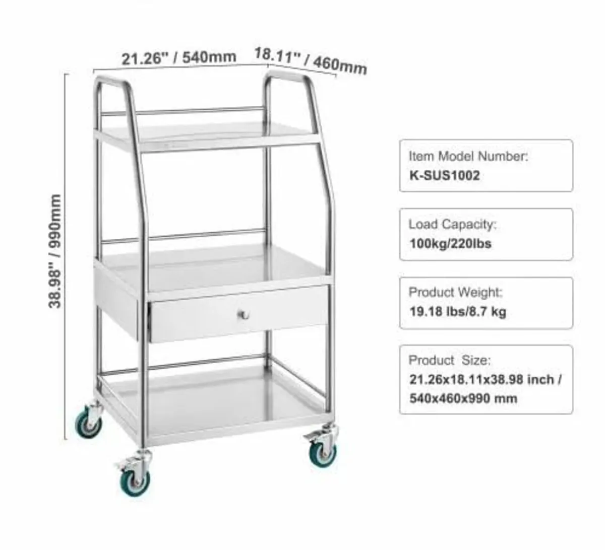Lab Serving Cart, 3 Layers Stainless Steel Utility - Image 2