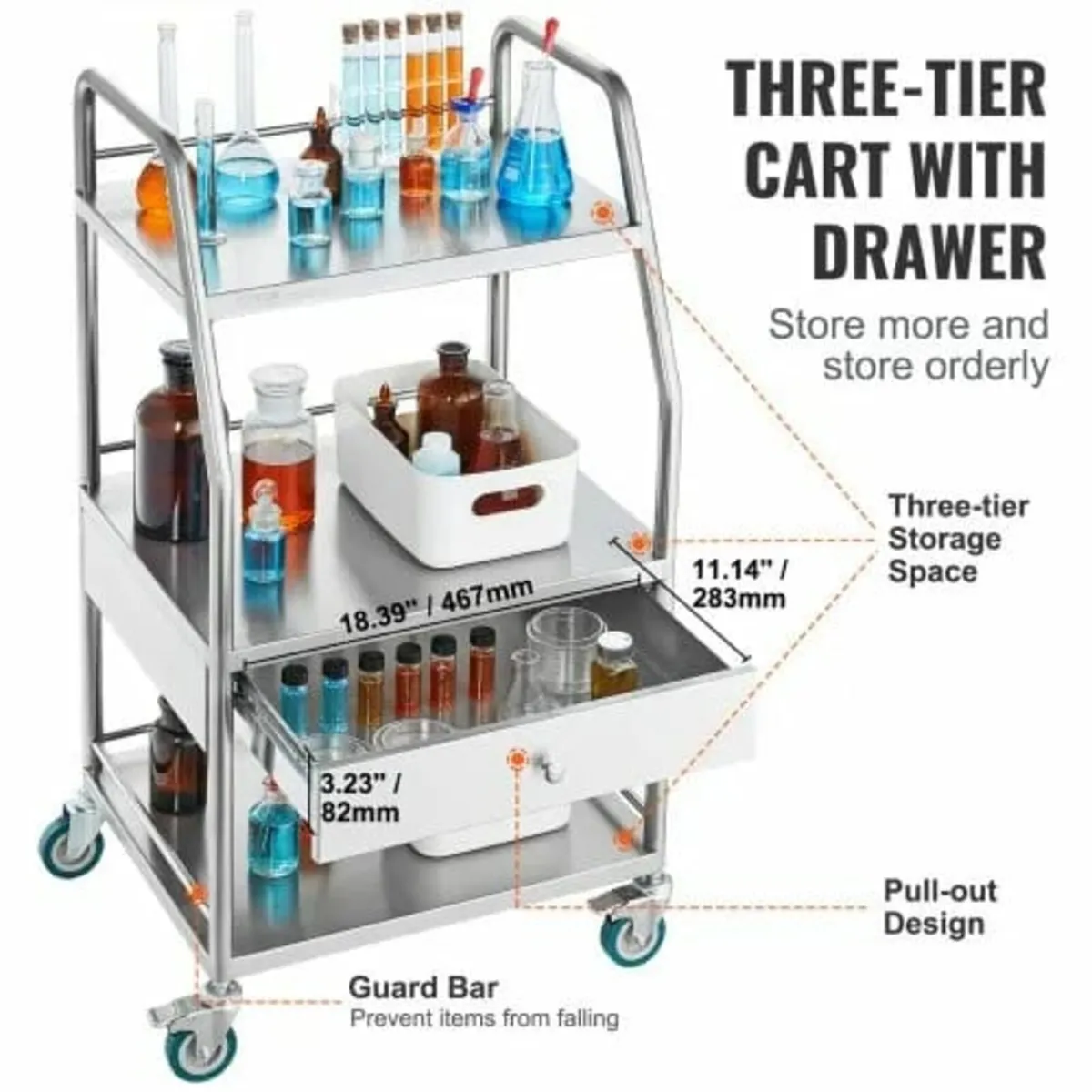 Lab Serving Cart, 3 Layers Stainless Steel Utility - Image 4