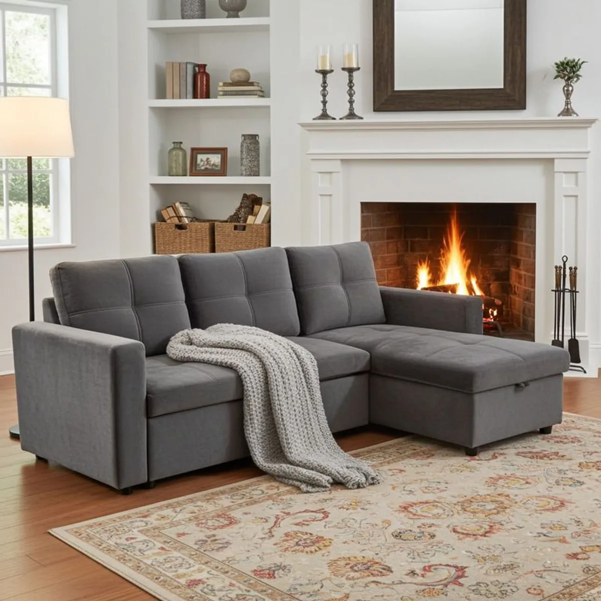 Grey velvet Corner Sofa Bed with Storage & Pull-Out Base - Image 2