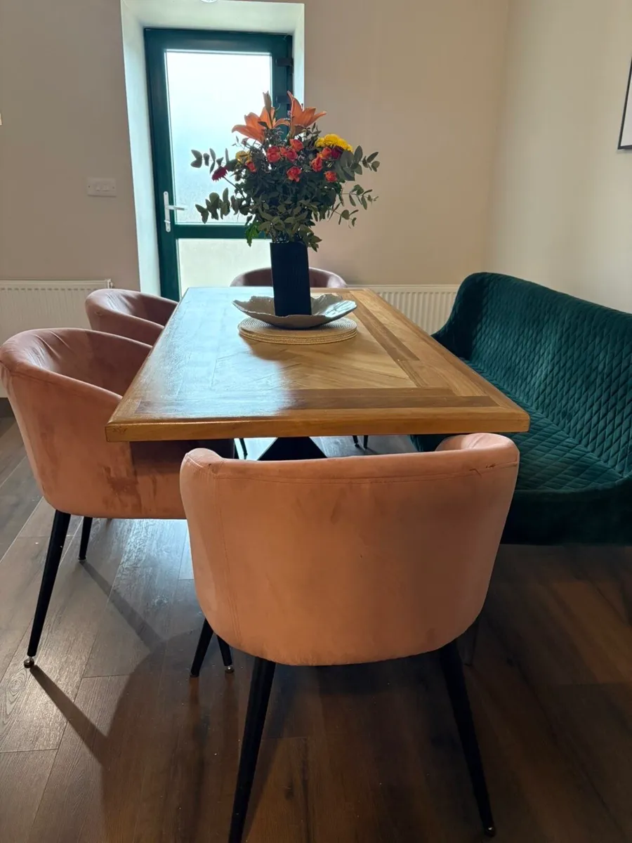 Pink Kitchen Chairs and a Green Bench for sale - Image 1