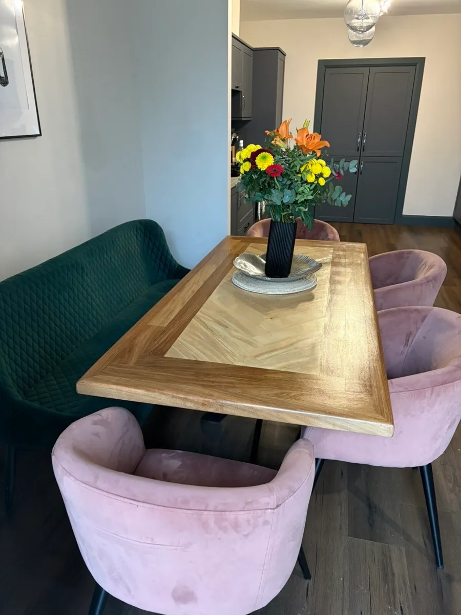 Pink Kitchen Chairs and a Green Bench for sale - Image 3