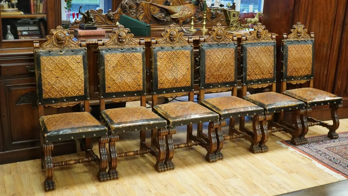 Set of 6 Spanish Renaissance Revival Walnut Dining - Image 1