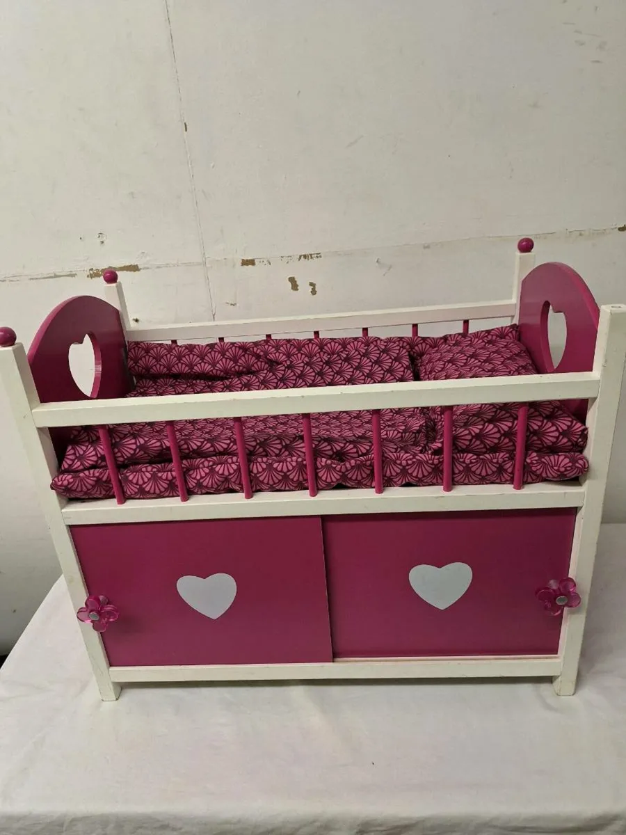 Wooden dolls cot with storage underneath - Image 1