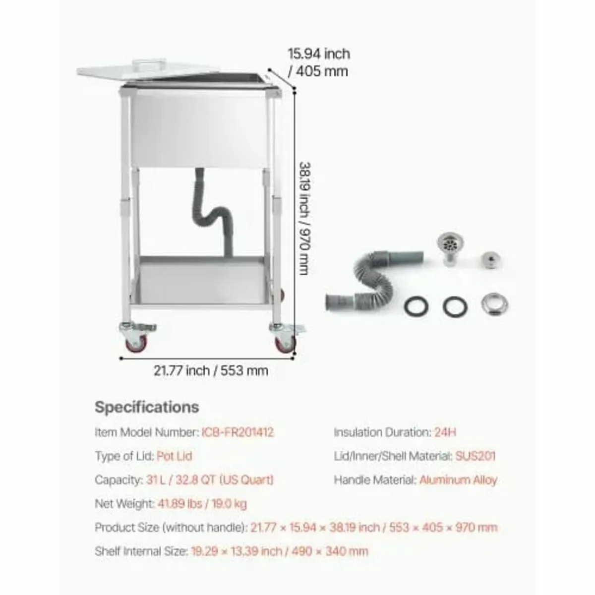 Rolling Ice Chest Cooler Cart, 22"L x 16"W x 38"H - Image 2