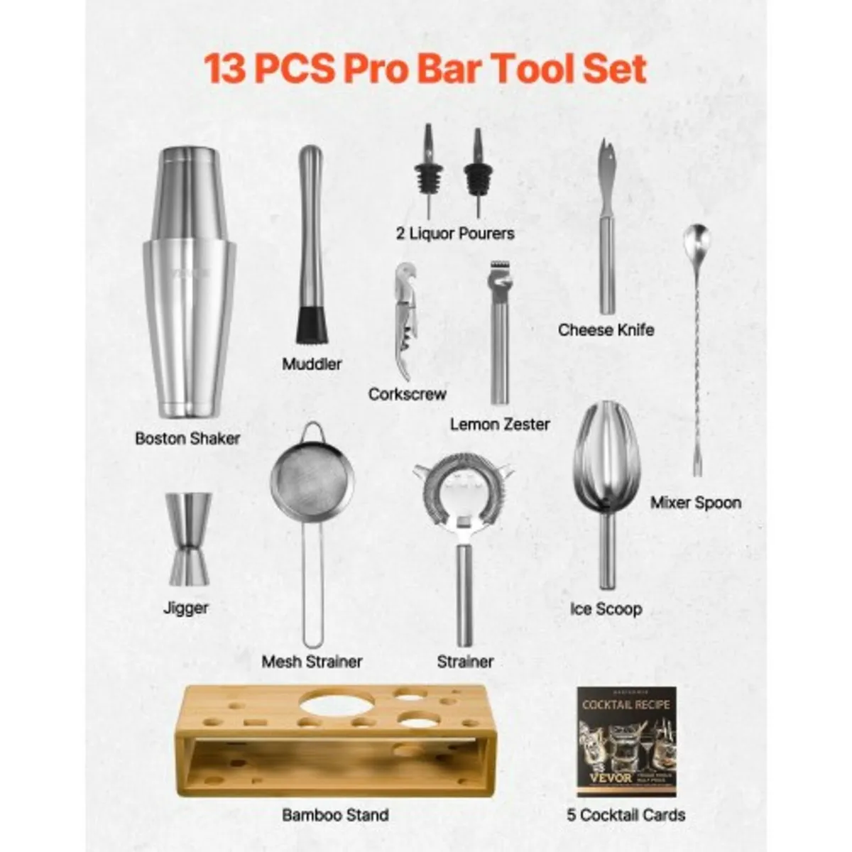 Cocktail Shaker Set, 13-Piece Stainless Steel Bar - Image 2
