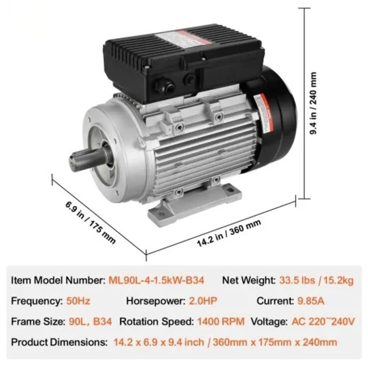 1.5KW Electric Motor 1400 rpm, AC 220~240V 9.85A, - Image 4