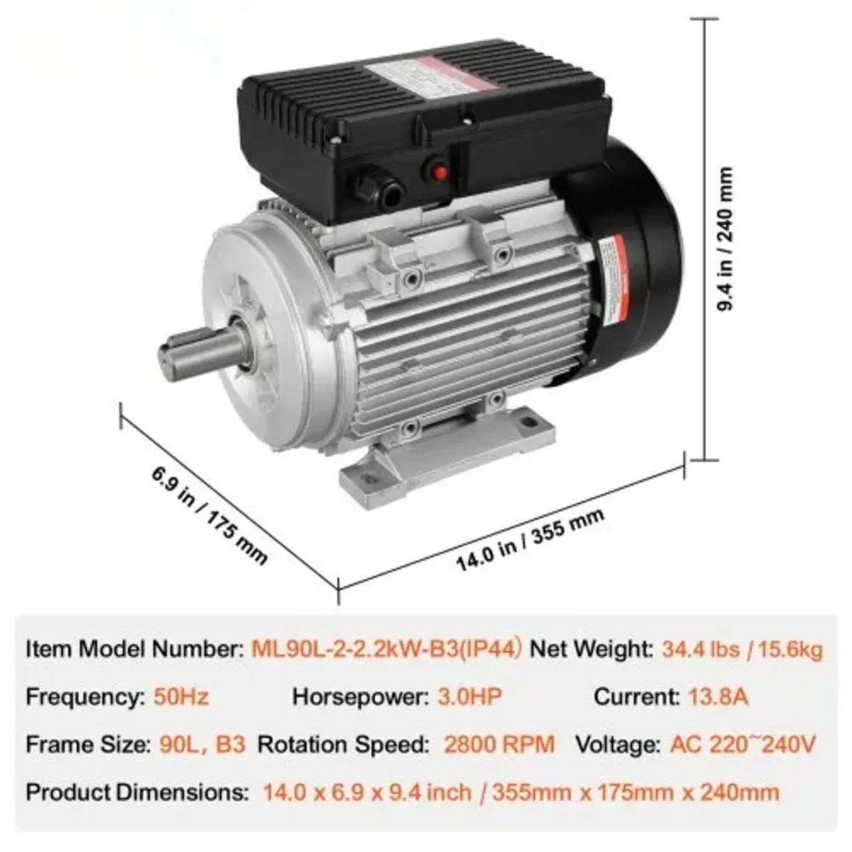 2.2KW Electric Motor 2800 rpm, AC 220~240V 13.8A, - Image 3