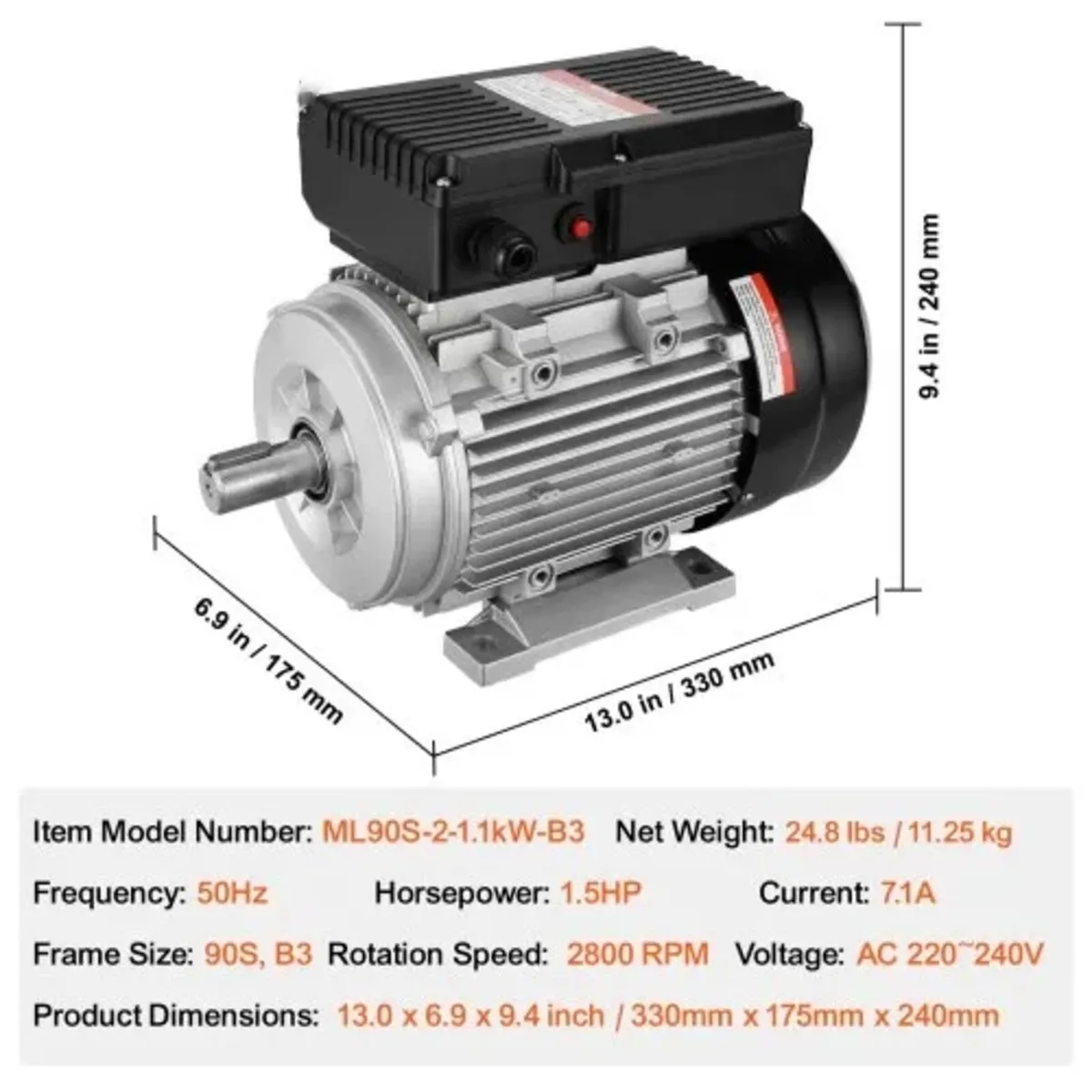 1.1KW Electric Motor 2800 rpm, AC 220~240V 7.1A, 9 - Image 4