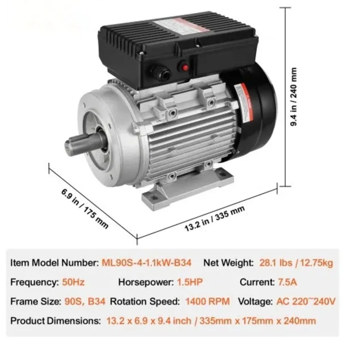 1.1KW Electric Motor 1400 rpm, AC 220~240V 7.5A, 9 - Image 4