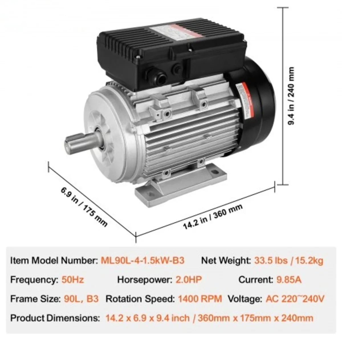 1.5KW Electric Motor 1400 rpm, AC 220~240V 9.85A, - Image 3