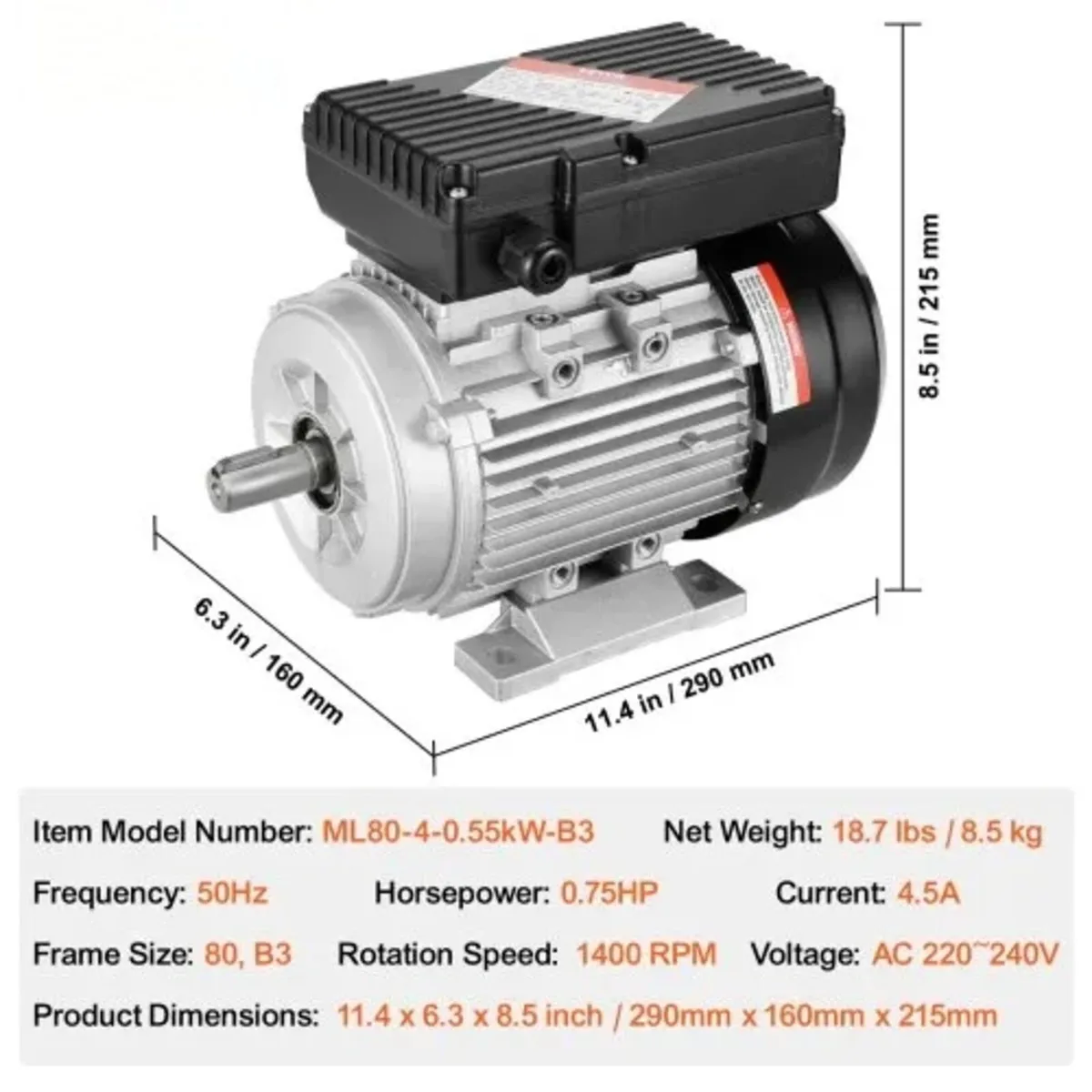 0.55KW Electric Motor 1400 rpm, AC 220~240V 4.5A, - Image 4